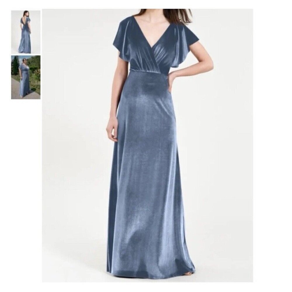 Anthropologie Jenny Yoo Ellis Velvet Dress Open Back Size 10‎ Blue Stone Party